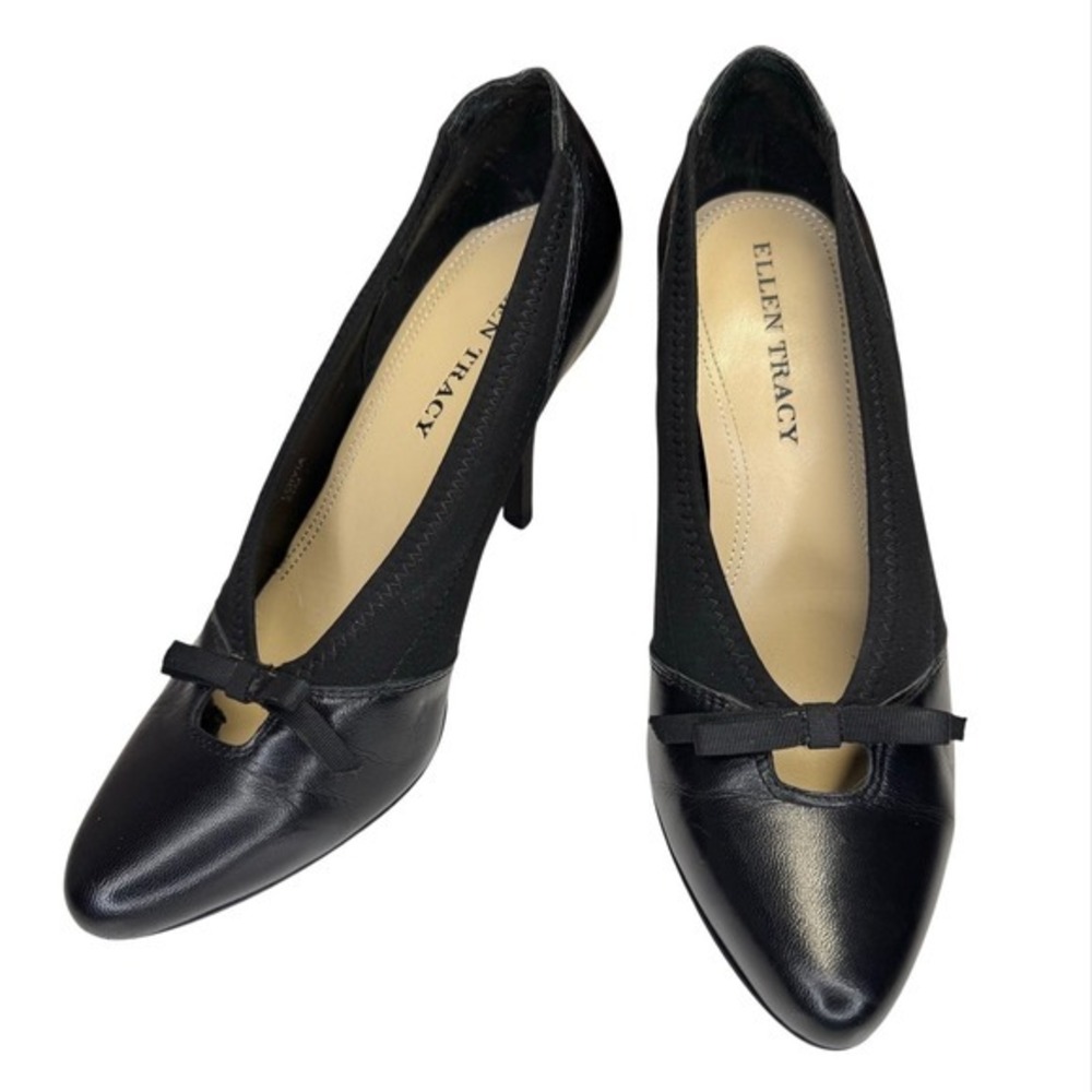 Ellen Tracy 6.5 Black Leather Heels Bow Corporate Goth Witchy Quiet Luxury